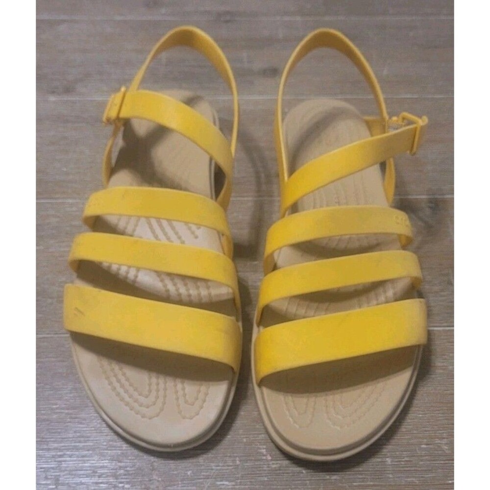 Crocs Women's Tulum Sandal Size 11 Canary Yellow Tan Strappy Fisherman Flat Shoe